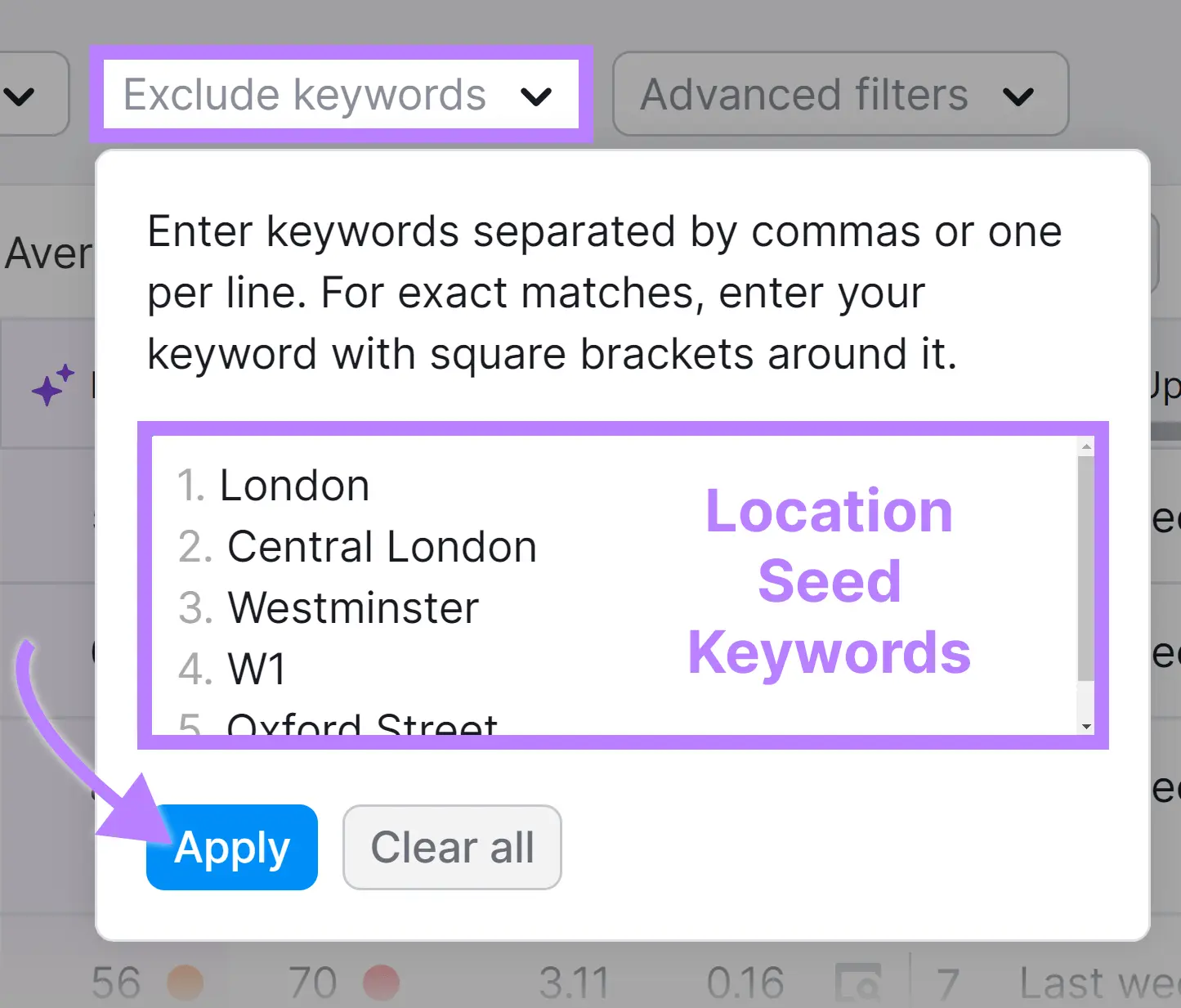 Exclude keywords filter showing location seed keywords like London and Westminster typed in.