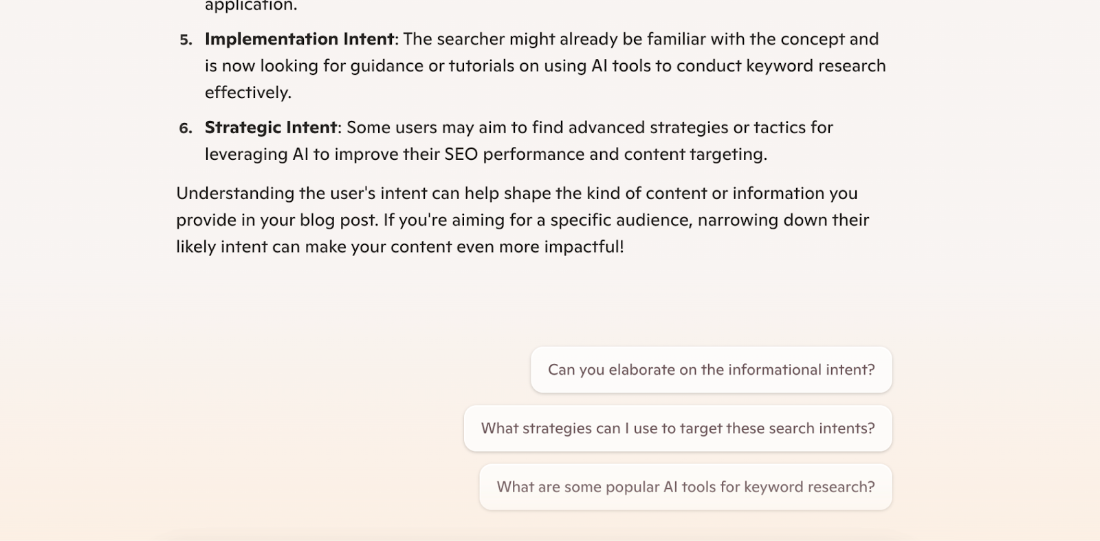 Copilot interface providing insight into the search intent for a keyword along with suggested follow-up prompt ideas.