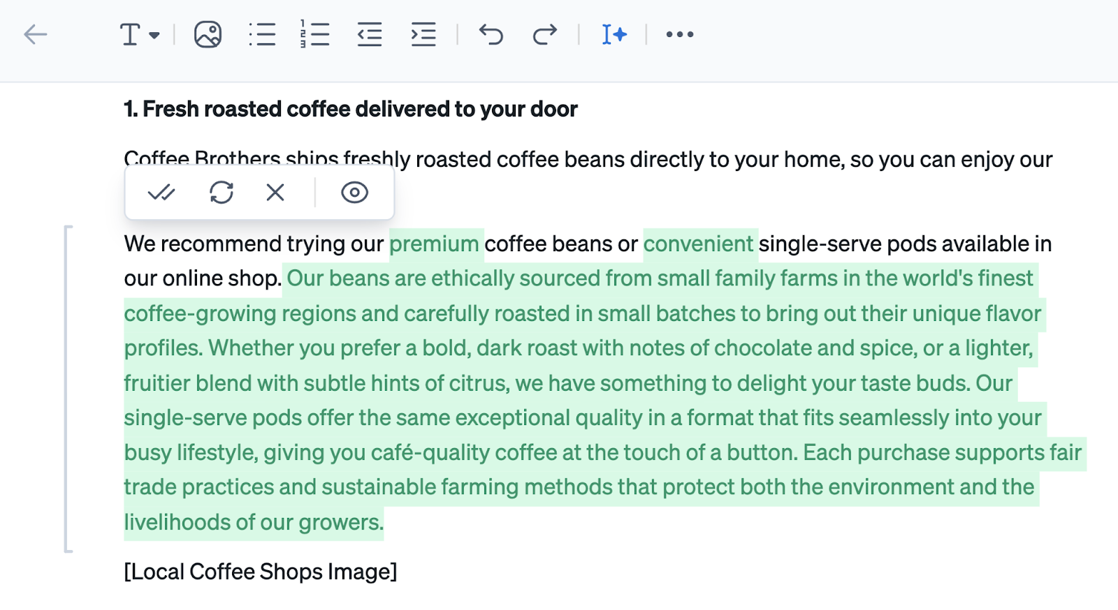 AI copy tool lengthened the original text to multiple sentences and is highlighted in green.