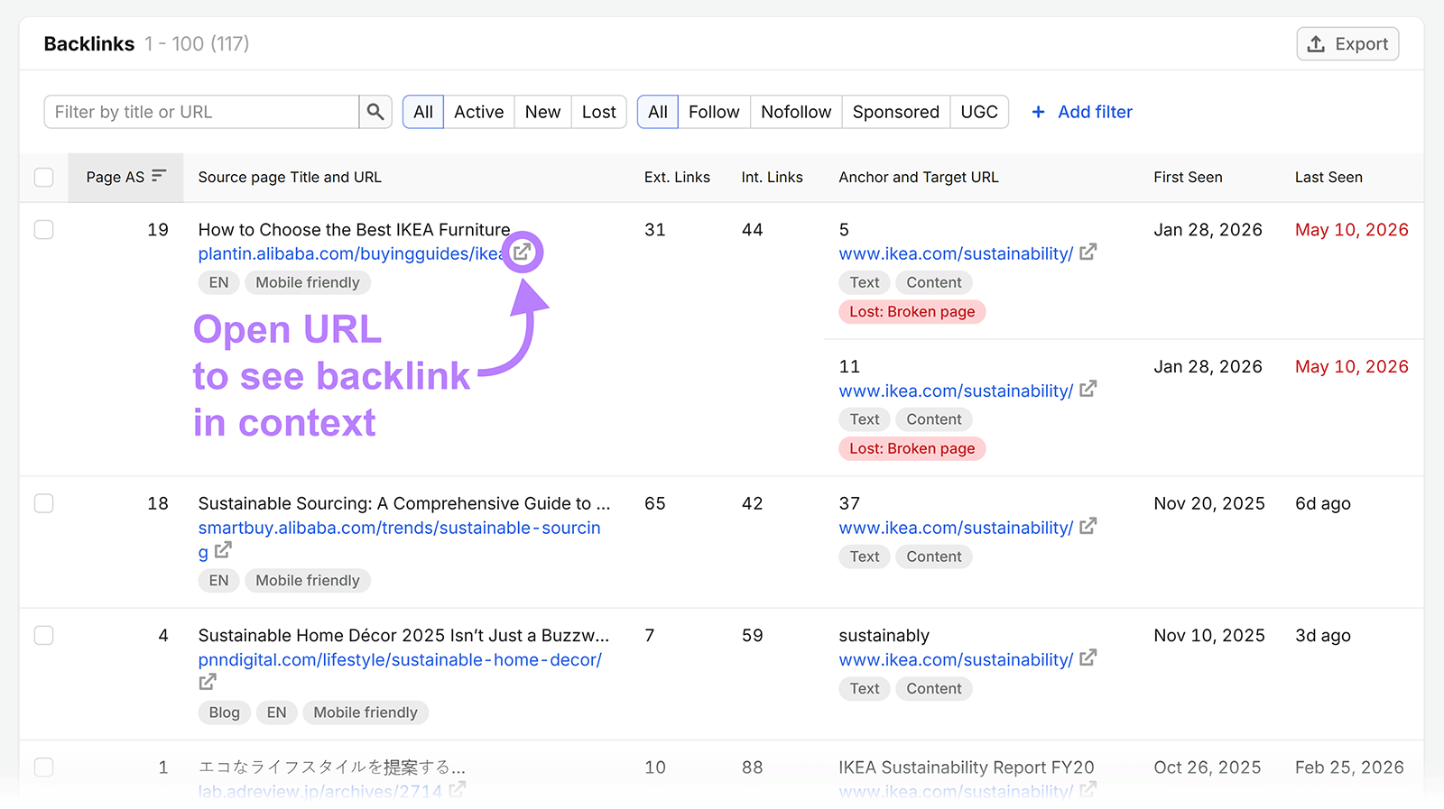 Backlink report highlighting the option to open a source URL and view the backlink in context