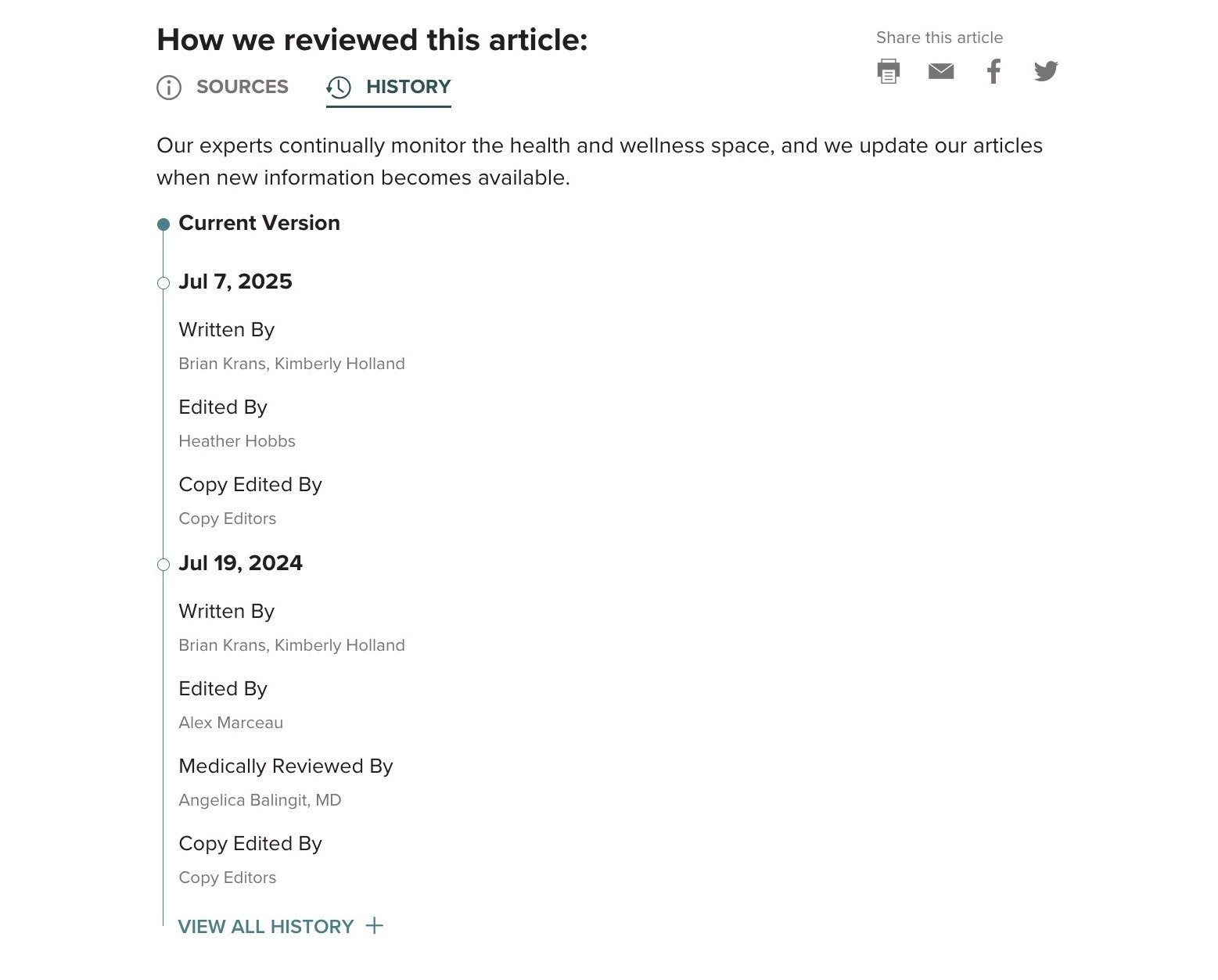 A "How we reviewed this article" section at the bottom of a pillar page by Healthline.