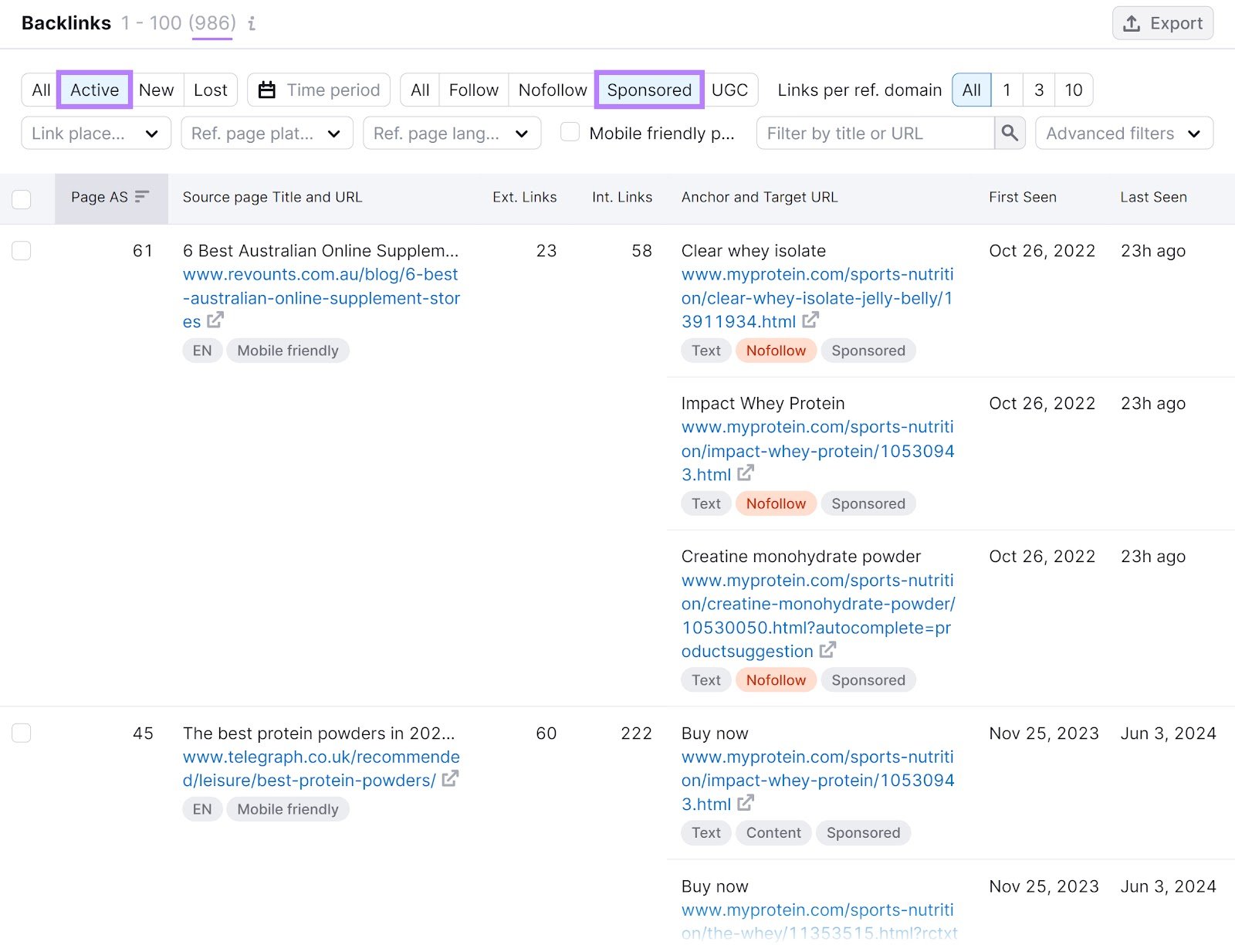 "Backlinks" section of the Backlinks tool with "Active" and "Sponsored" filters highlighted