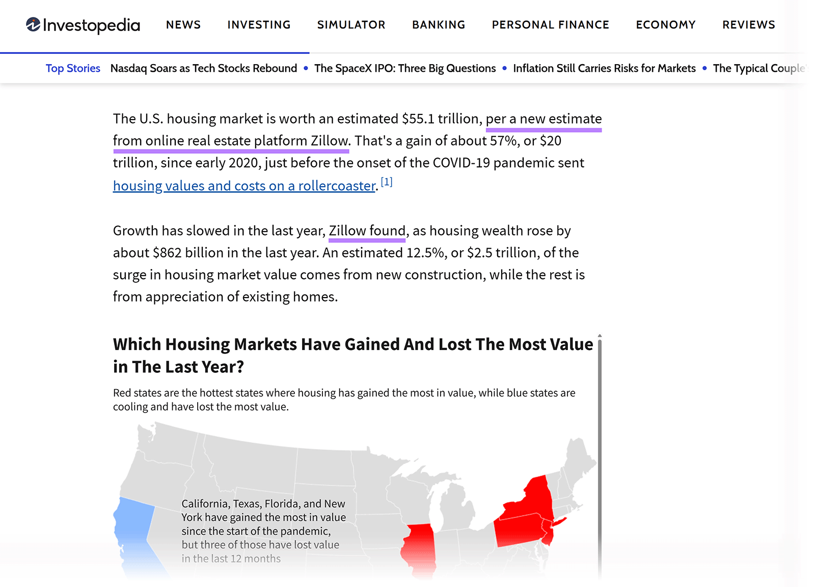 Investopedia article citing Zillow data about U.S. housing market value