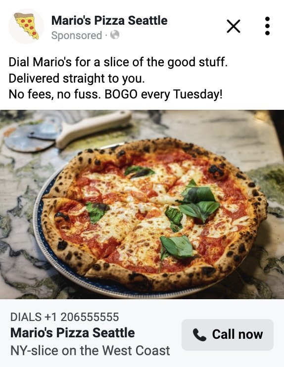 Mario's Pizza Seattle Facebook ad