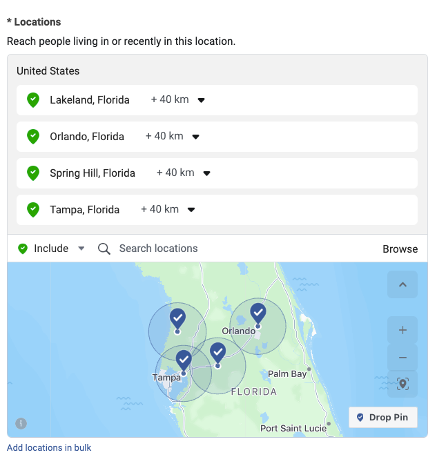 "Locations" section in Meta Ads Manager