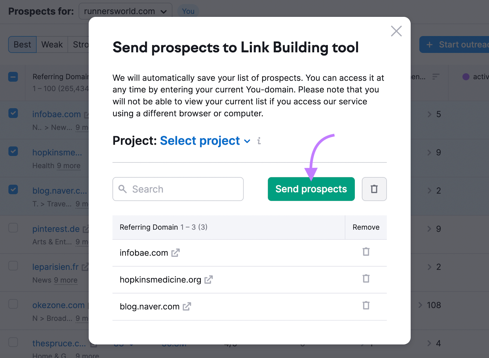 "Send prospects to Link Building Tool" pop up window