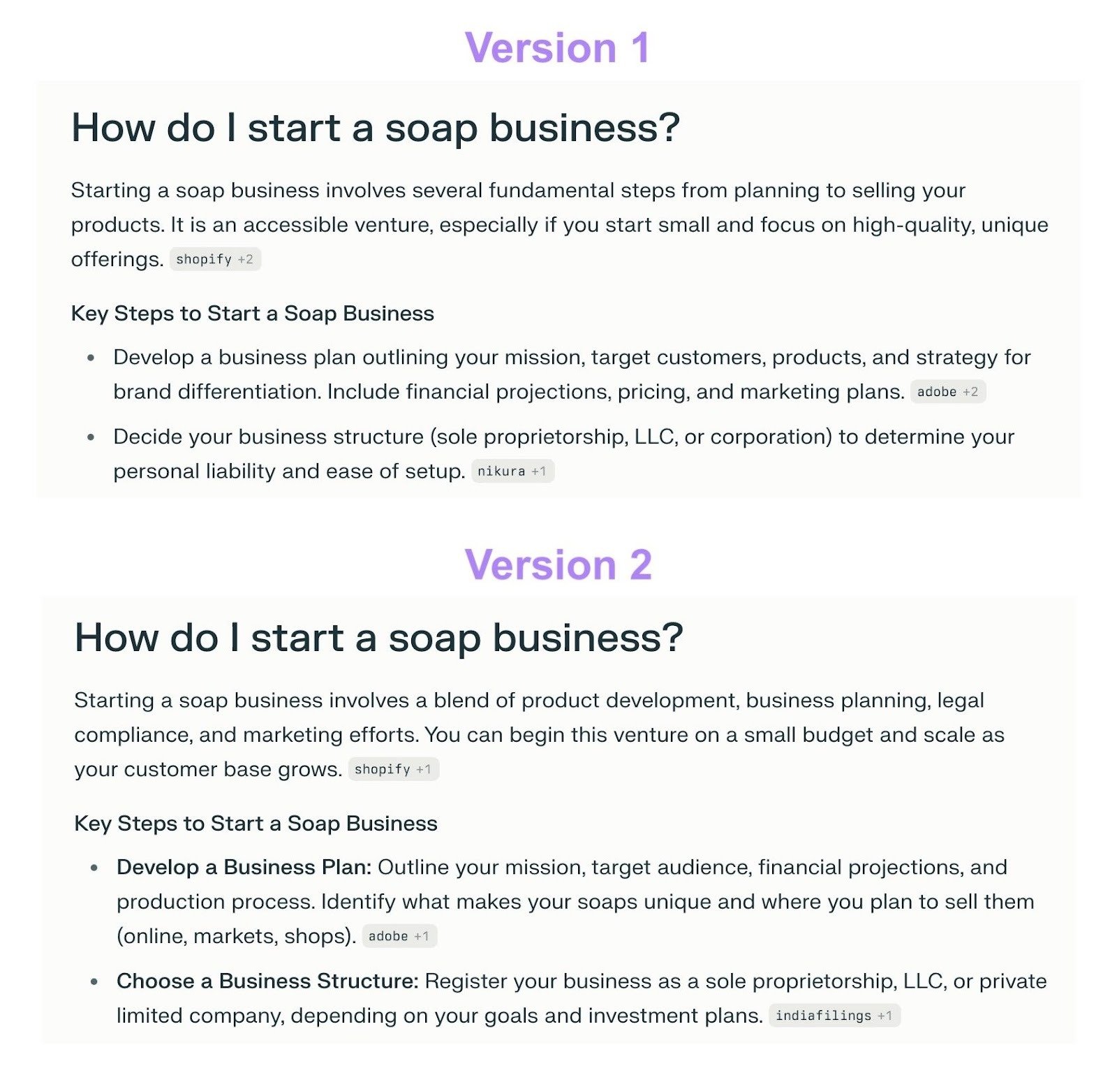 Two responses with different wording, sources, and citations to the same question on Perplexity.