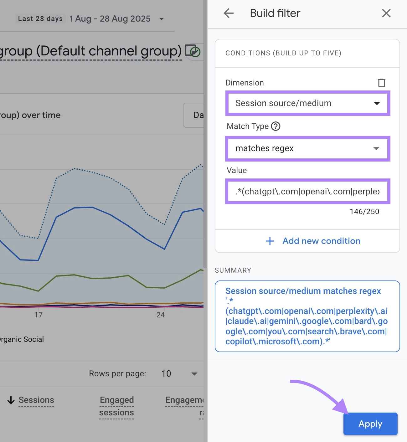 Adding a regex filter of GA4 by customizing the dimension, match type, and value.