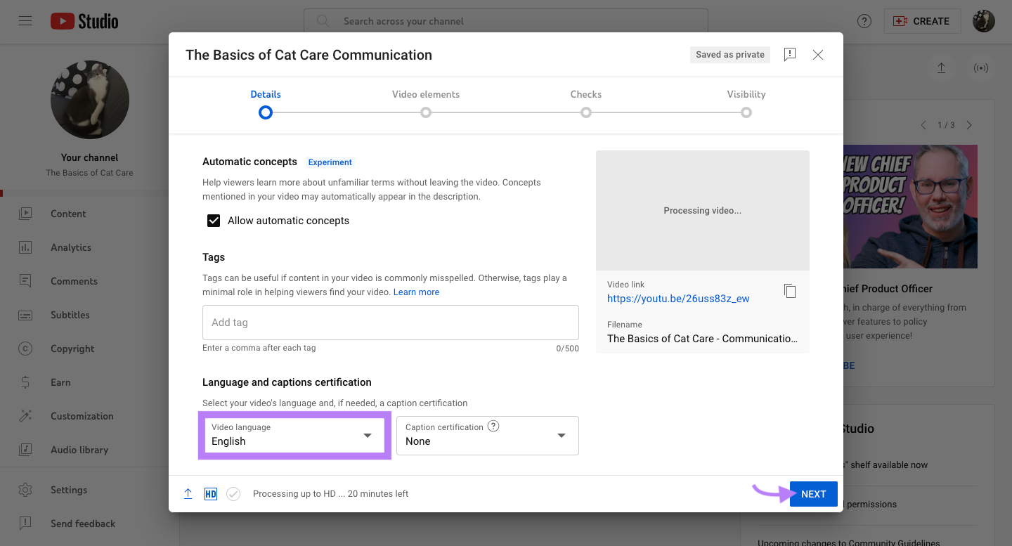 A screenshot of the video upload form in Youtube Studio.