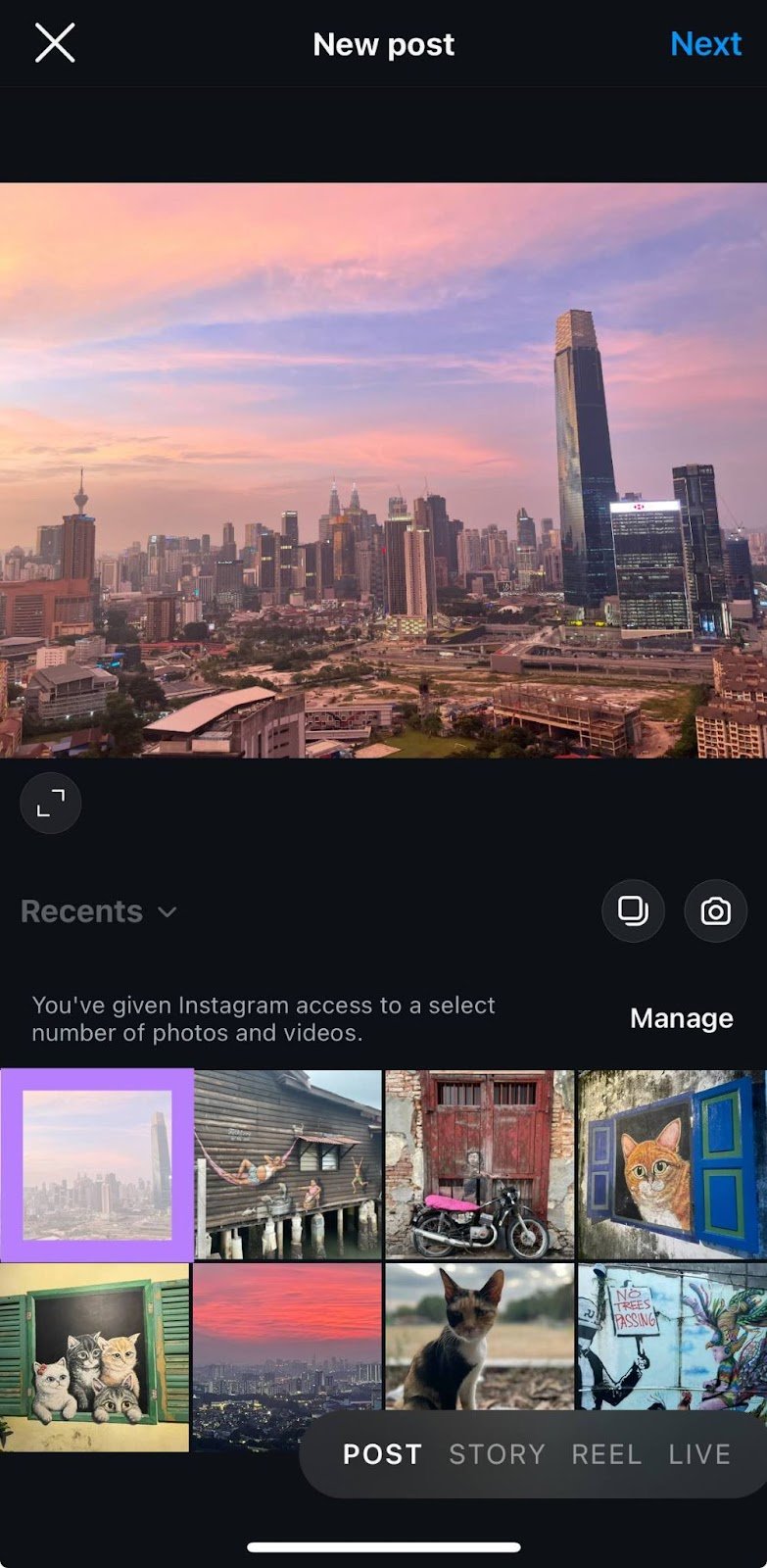 "New post" window on Instagram with media selected for posting.