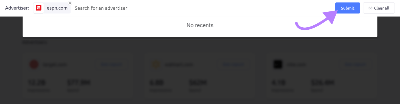 "espn.com" advertiser selected in AdClarity
