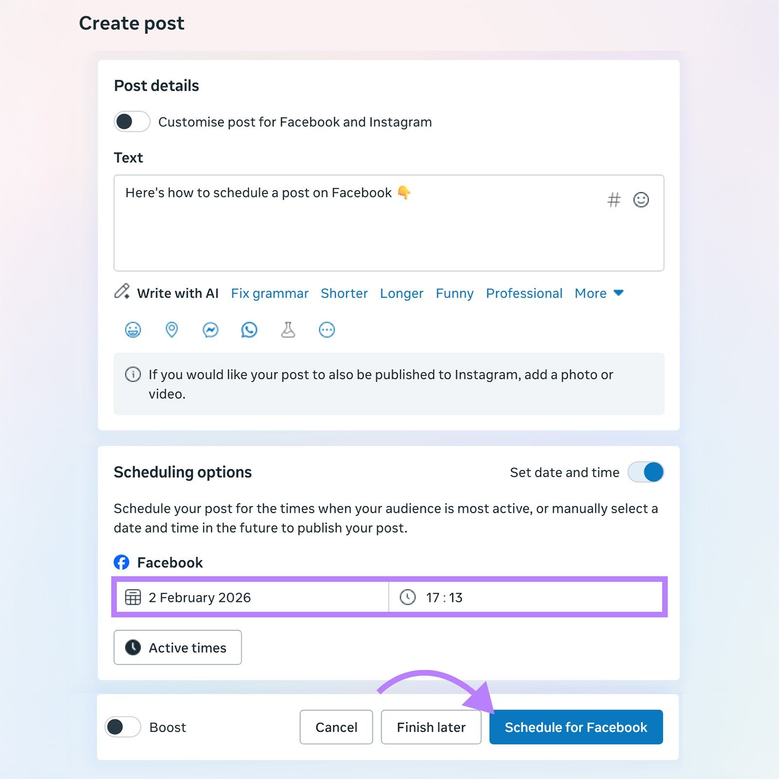 Facebook post scheduling screen with date and time selected and the “Schedule for Facebook” button highlighted.