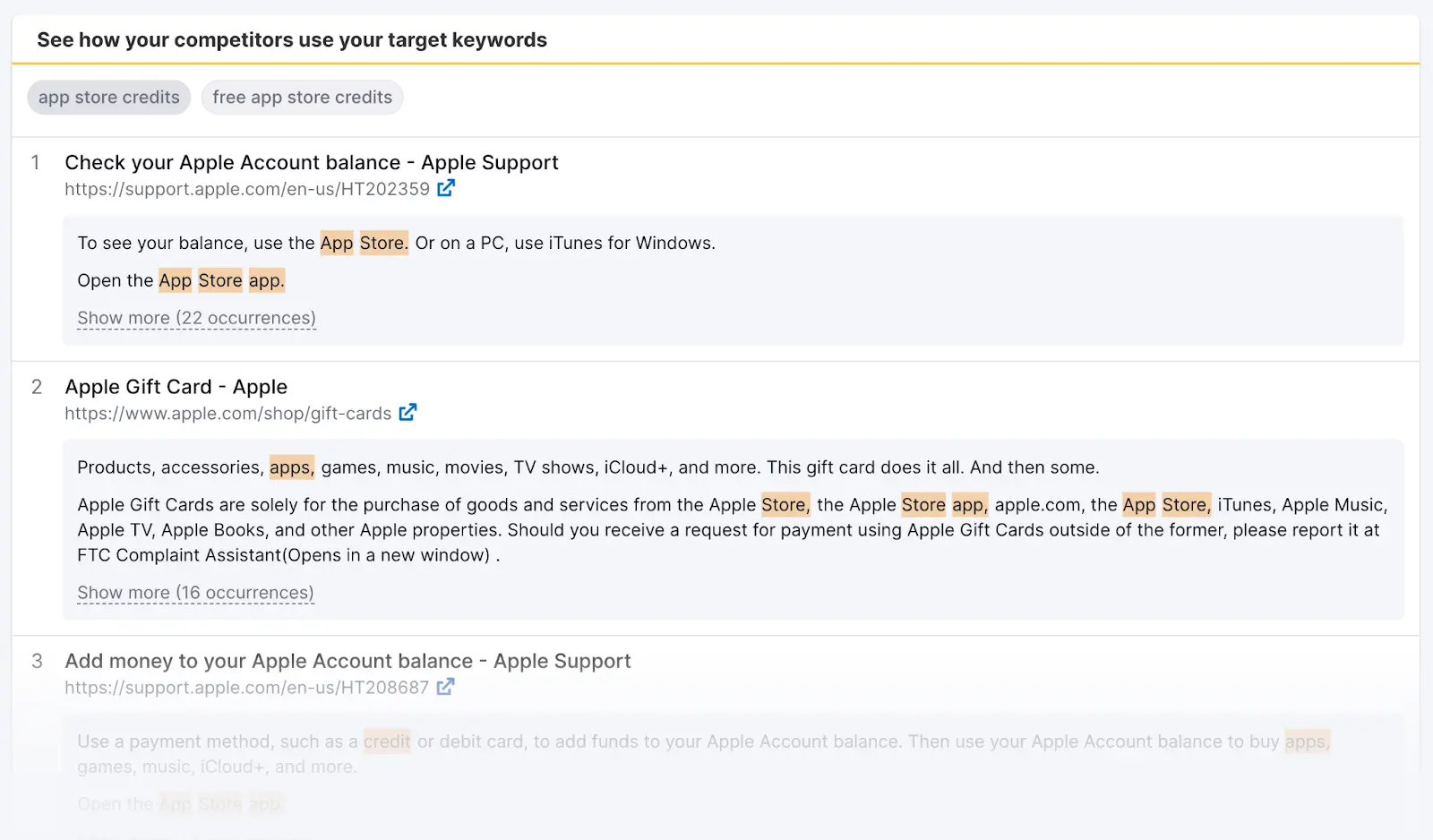 SEO Content Template showing how competitors are using a keyword.