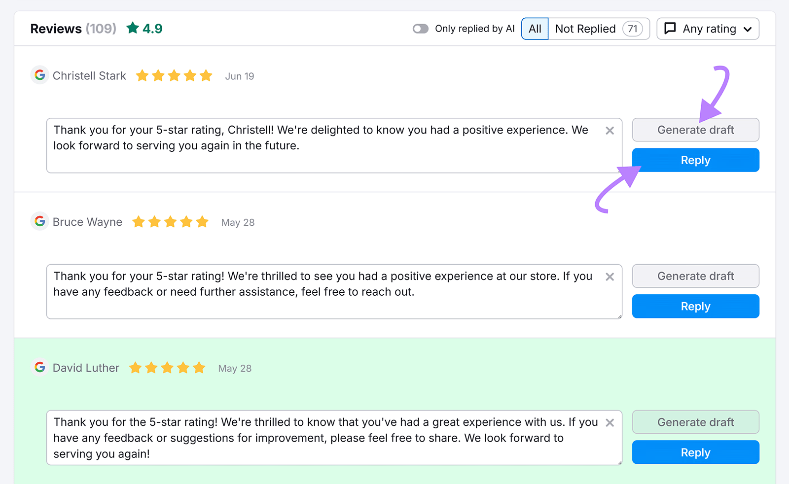 Reviews dashboard showing customer reviews with AI-generated reply drafts and reply buttons