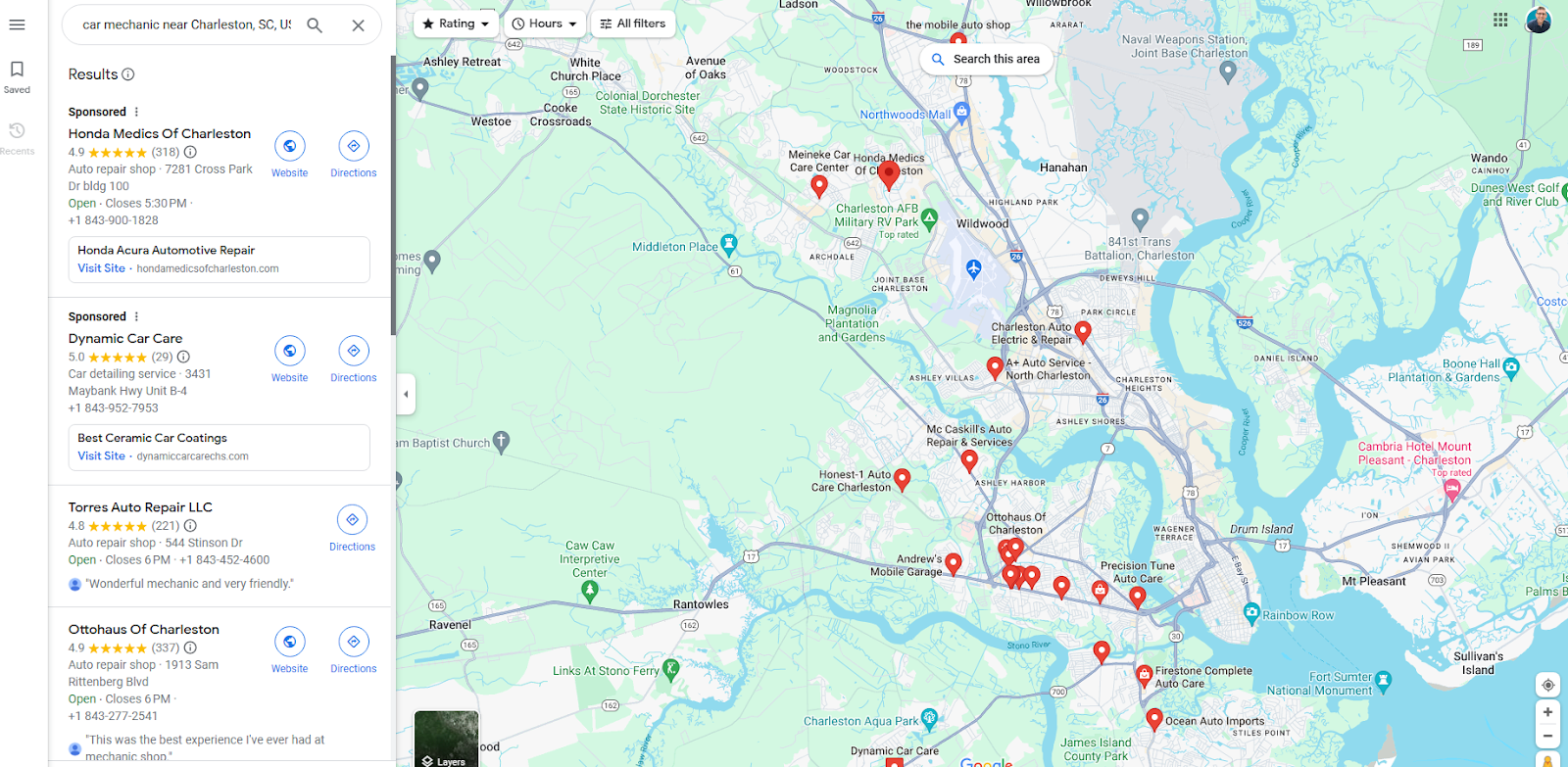 Google Maps results for the same search as the Local Finder.