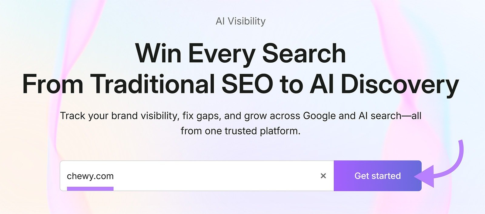 Semrush AI Visibility search field with chewy.com entered and an arrow pointing to the Get started button