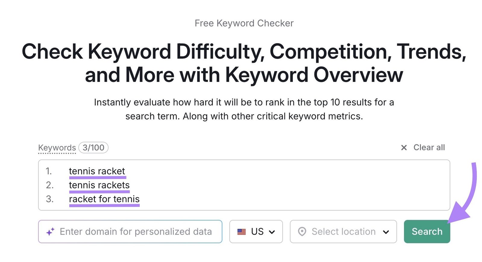 Keyword Overview tool with three seed keywords entered and "Search" clicked.