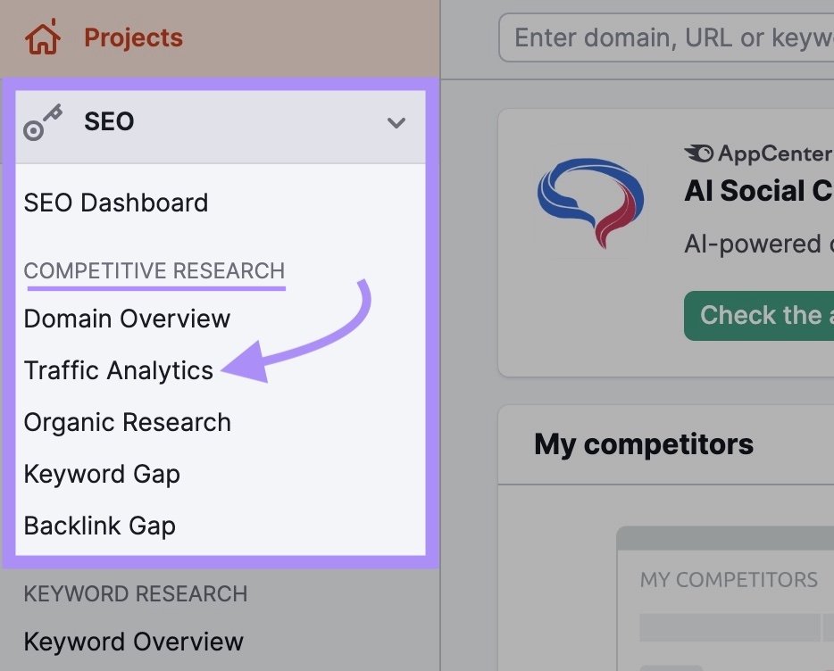 Navigating to Traffic Analytics tool from Semrush's dashboard