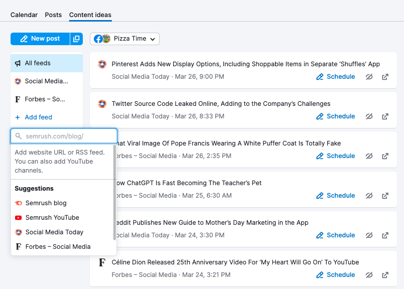 See RSS feeds and add additional sites in the Content ideas tab.
