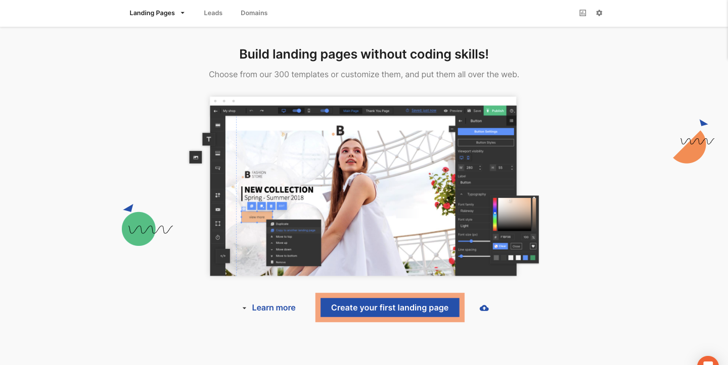 The welcome page to the Semrush Landing Page Builder.