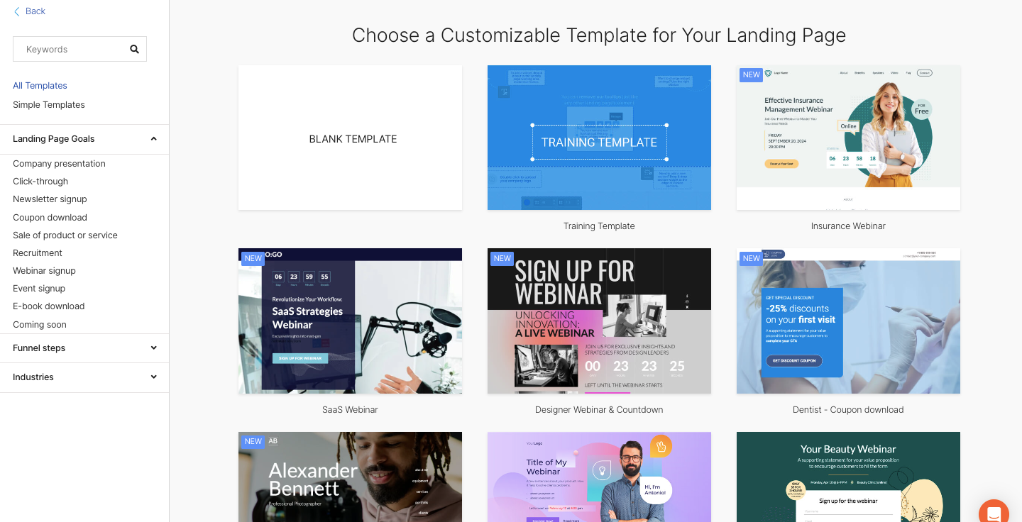 A tiled page showing some of the templates in the Semrush Landing Page Builder.