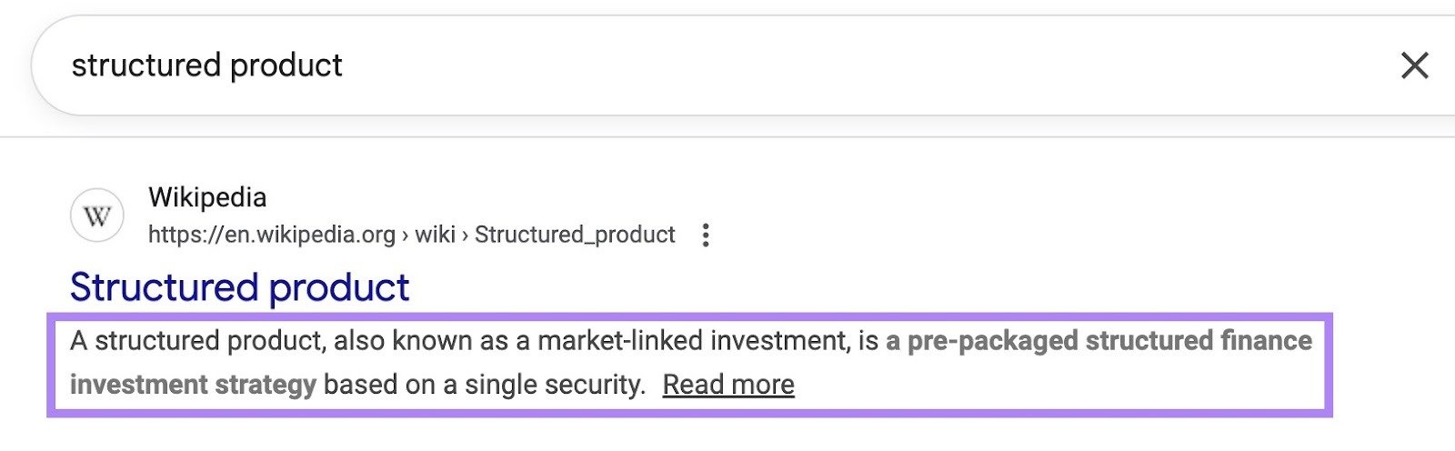 SERP for the term "structured product" with the meta description on the top result highlighted.