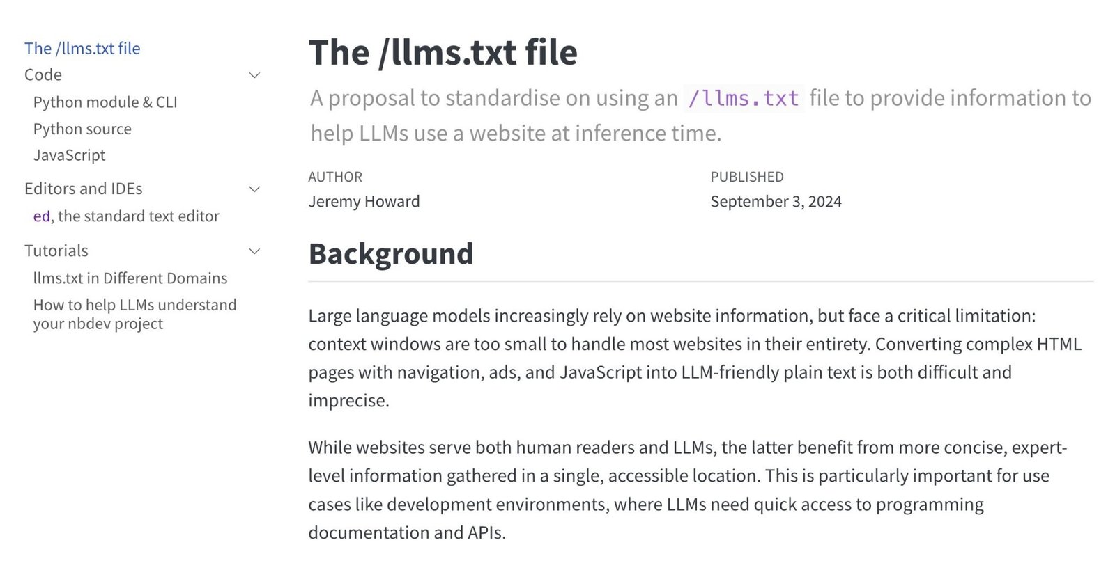 A webpage explaining the llms.txt file proposal showing the author as Jeremy Howard and background text.