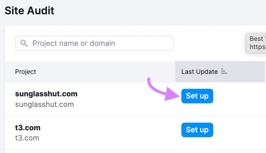 "Set up” button selected next to "sunglasshut.com" project under Site Audit