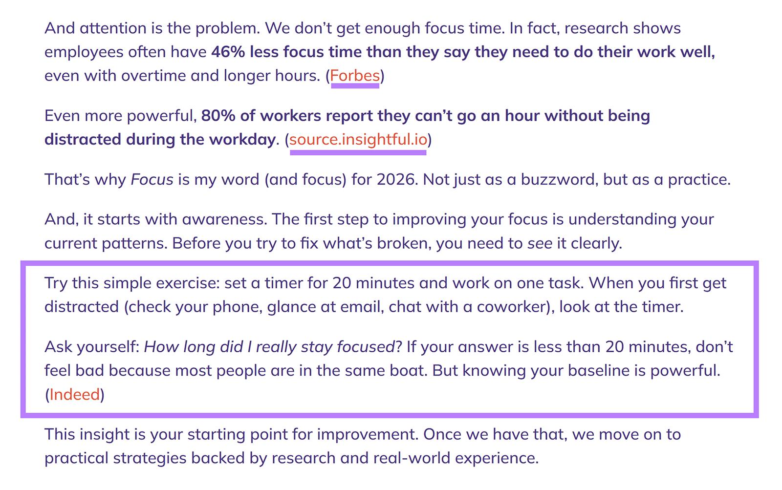 Blog section highlighting focus and distraction statistics to support data-driven blog ideas.