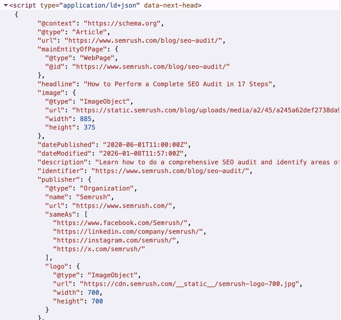 The schema markup code for a blog post by Semrush.