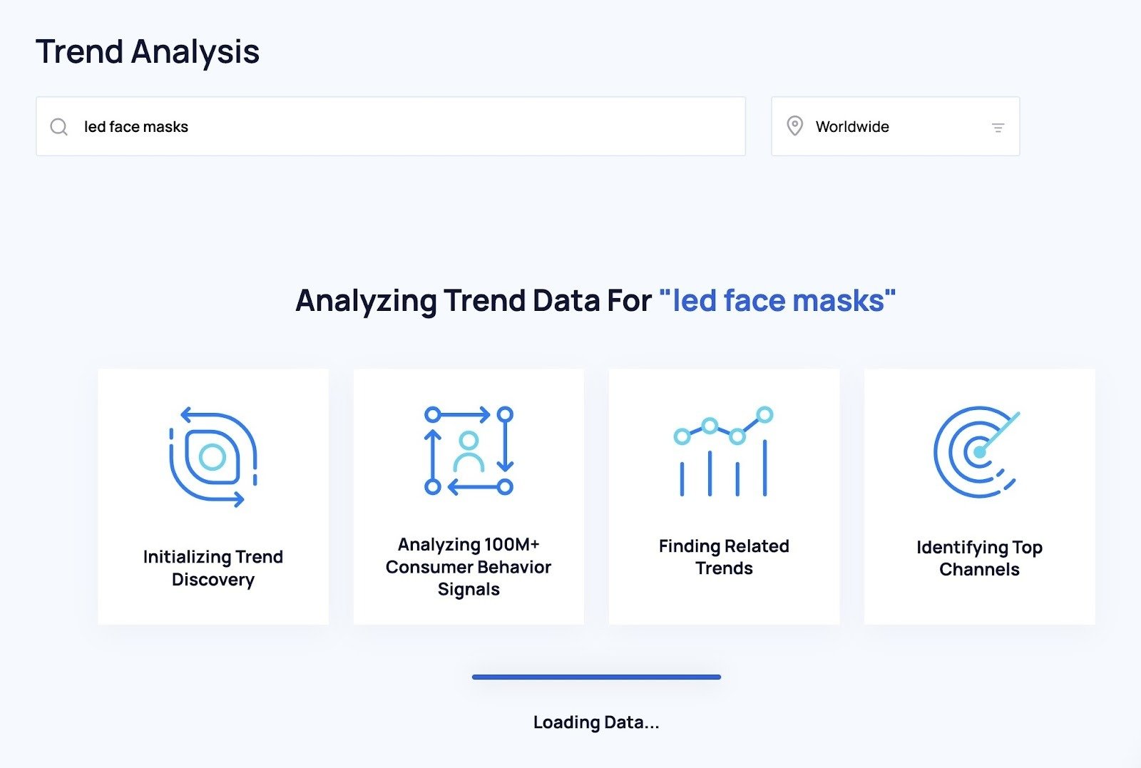 The Trend Analysis tool on Exploding Topics loading trend data for the term "led face masks".