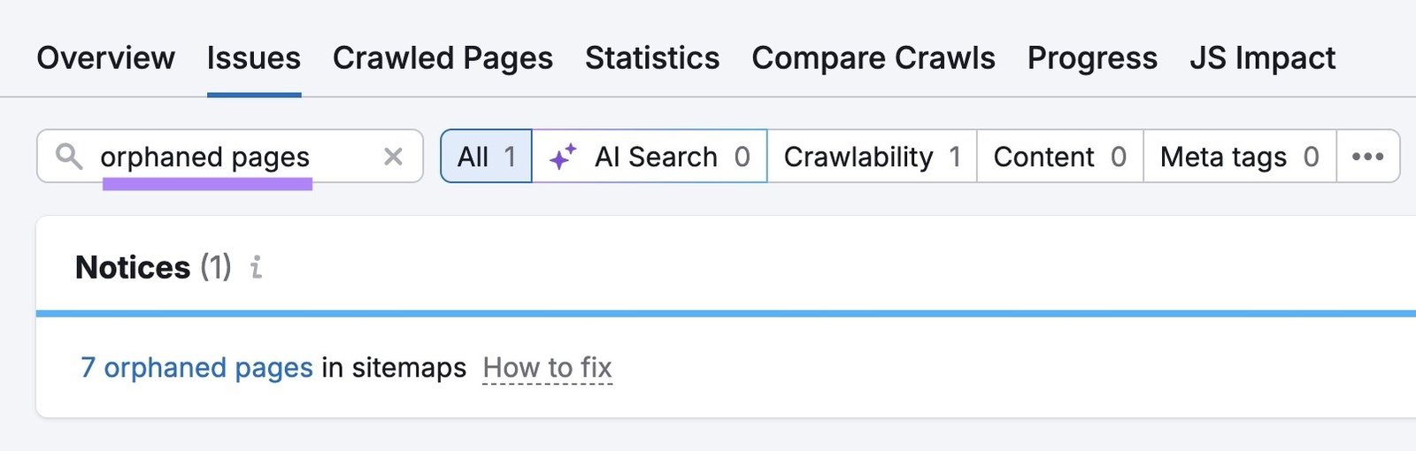 The "Issues" tab on Site Audit with "orphaned pages" entered showing a list of related notices.