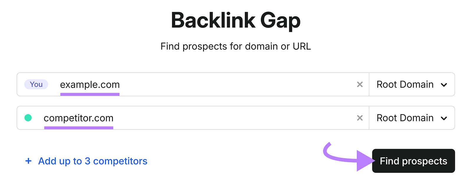 Backlink Gap tool with a domain and competitor entered to find backlink prospects