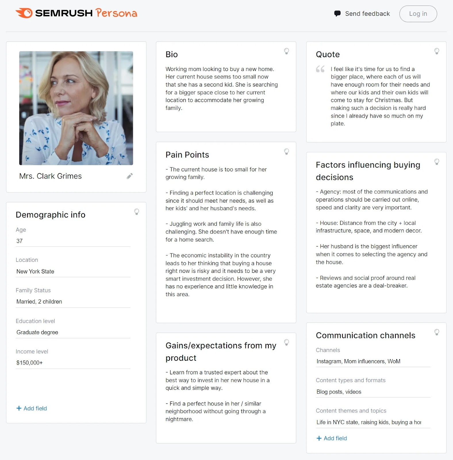 A buyer persona created with Semrush Persona tool free template