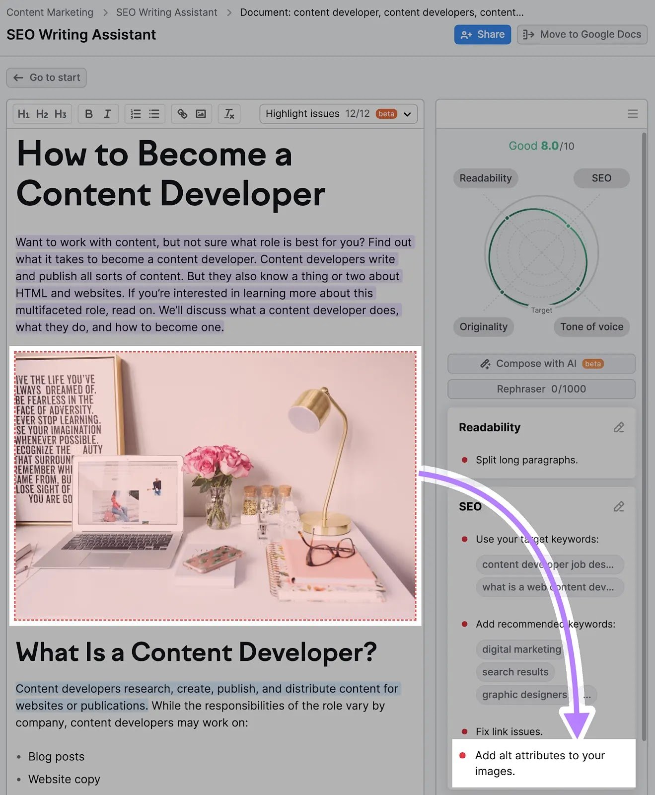 Semrush SEO Writing Assistant tool showing the “Add alt attributes to your images” issue.