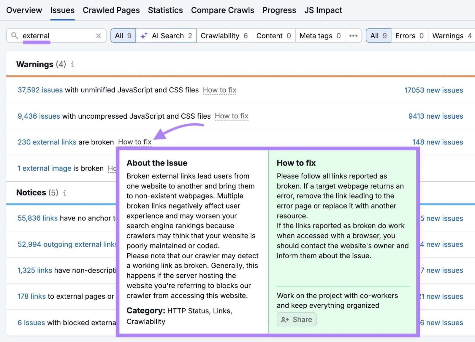 Site Audit Issues with "external" entered and "How to fix" clicked next to an issue showing more information about the issue and how to fix it.