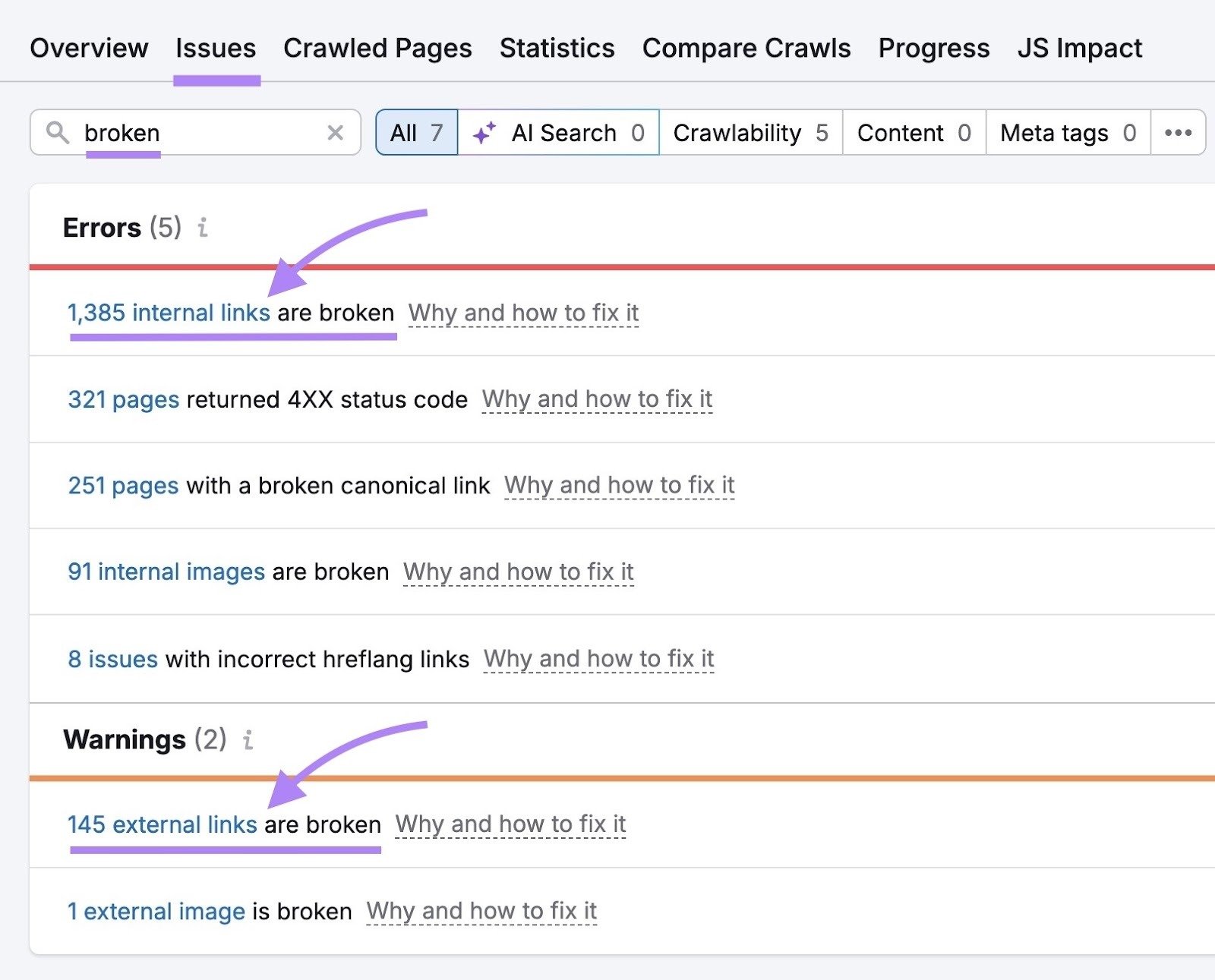 Site Audit Issues with "broken" entered showing the number of pages on a website with broken internal and external links.