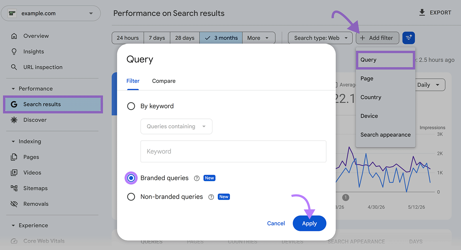 Google Search Console filter selecting branded queries in Search results performance report