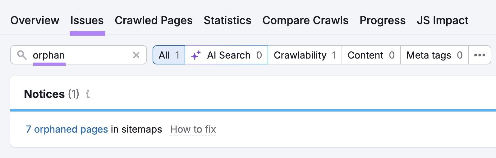 The "Issues" tab on Site Audit with "orphan" entered showing a list of related issues.