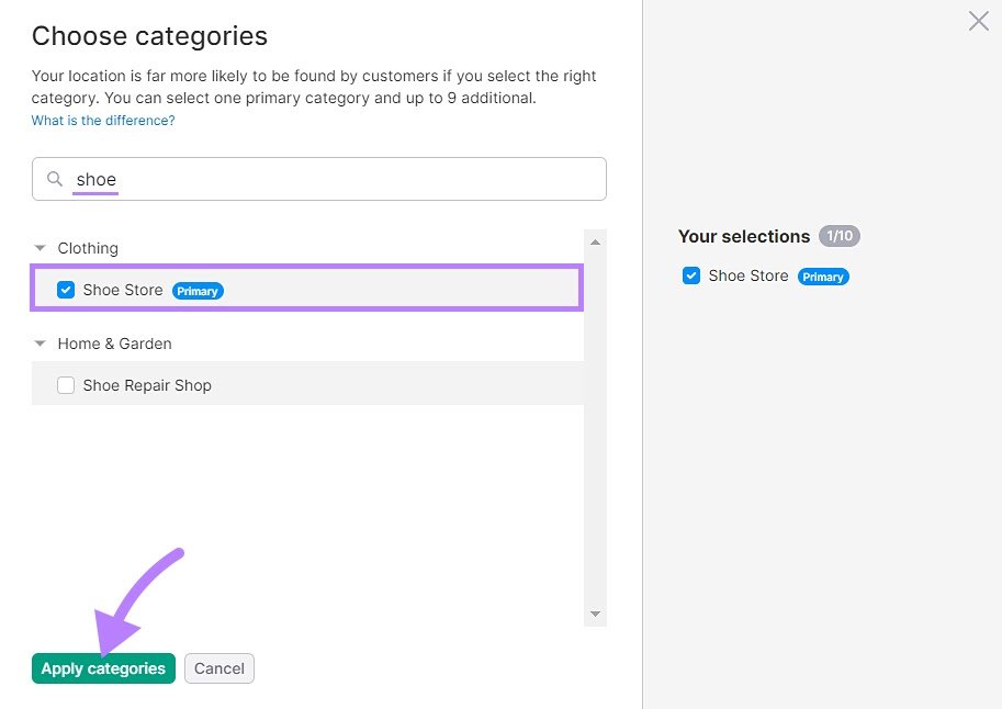 "Clothing" category selected for the Shoe Box