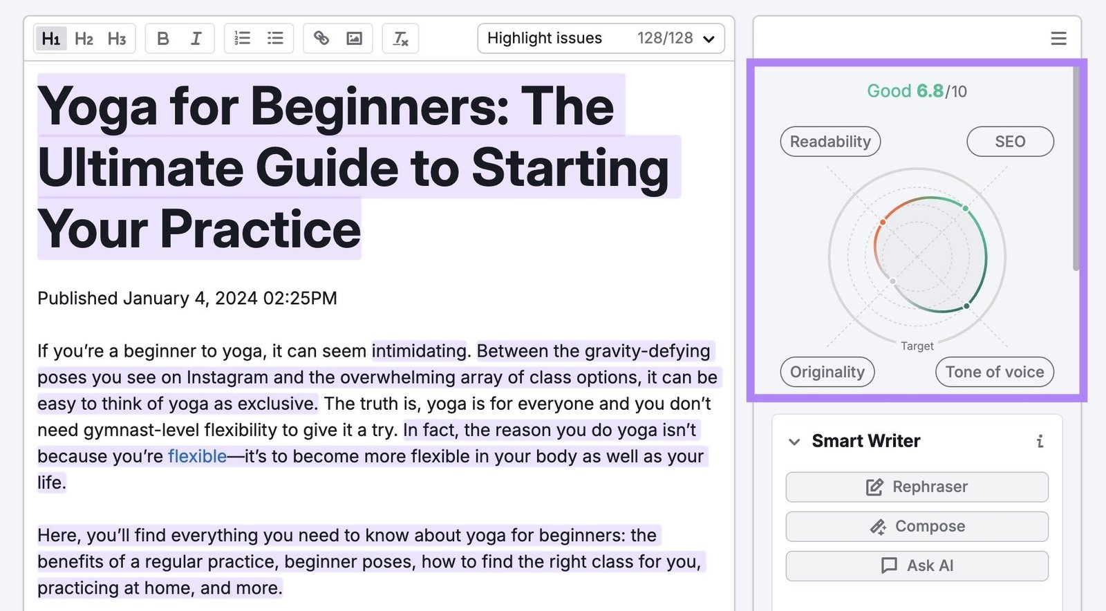 SEO Writing Assistant showing content on the left and an overall score on the right.