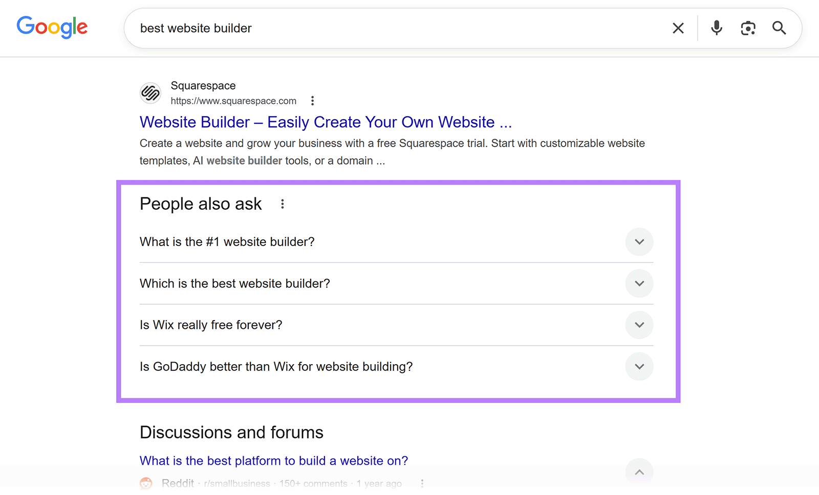 Google search results page with “People also ask” box listing website builder-related questions