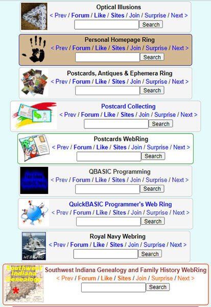 Screenshot of an early link ring with topics from "Optical illusions" to "Royal Navy" featuring ugly thumbnail images and lots of 90s blue text.