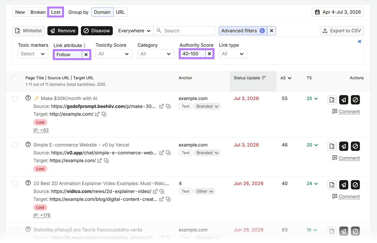 Backlink Audit report filtered to show lost follow backlinks from domains with Authority Scores between 40 and 100