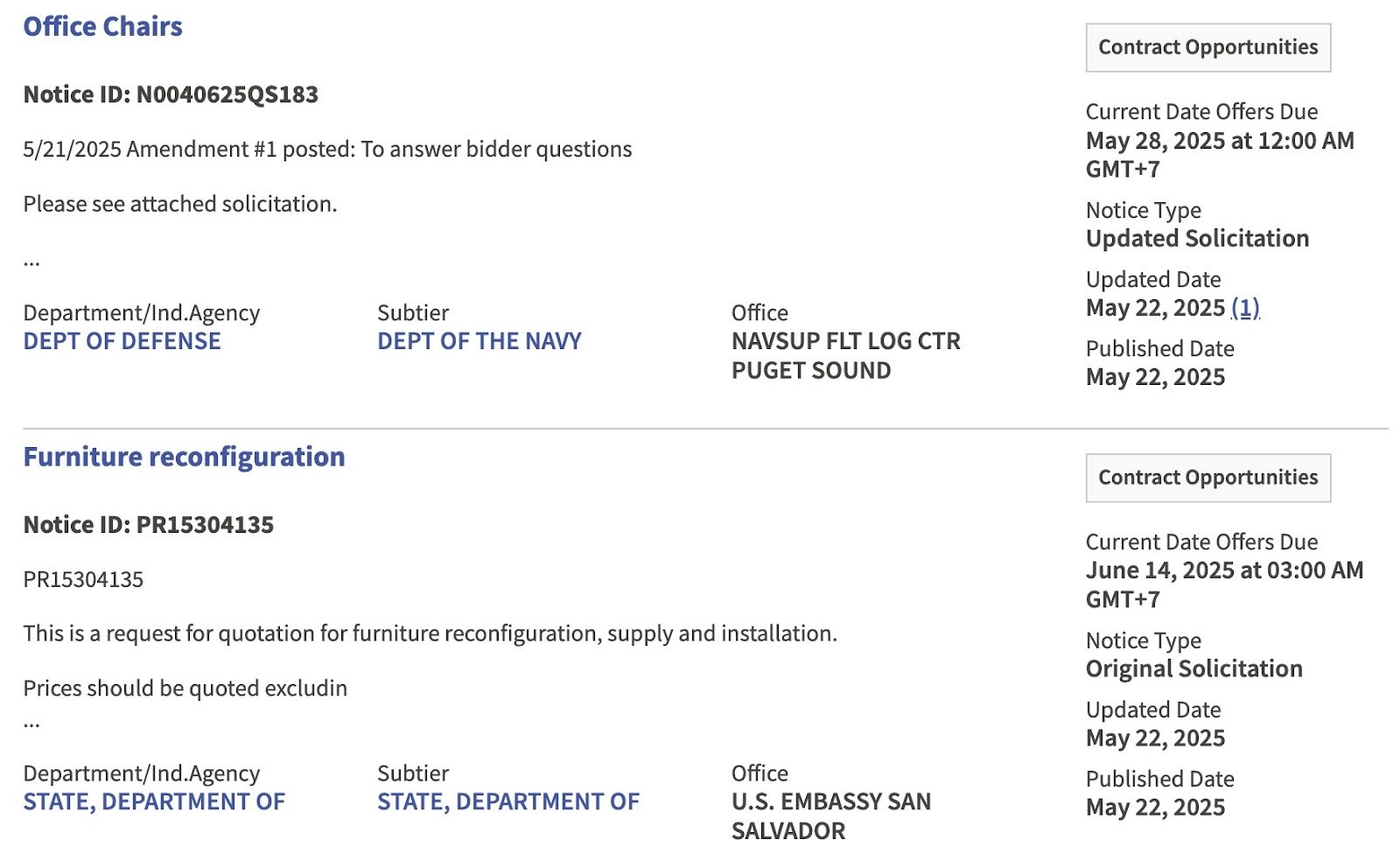 Listings for office furniture with delivery locations, deadlines, and agency contacts on Sam.gov.