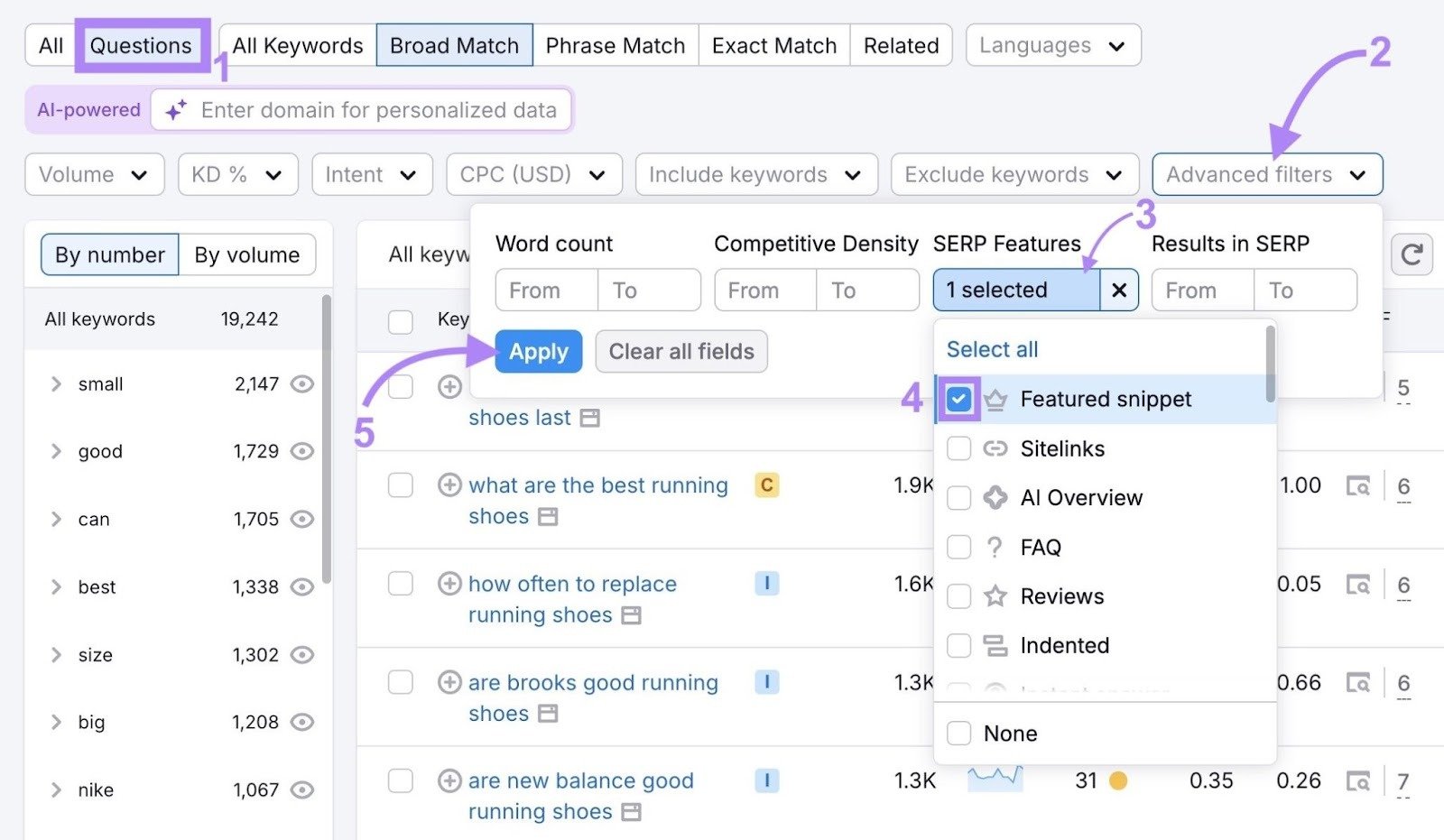 Applying filters to only show question-based keywords that trigger a featured snippet on the Keyword Magic Tool.