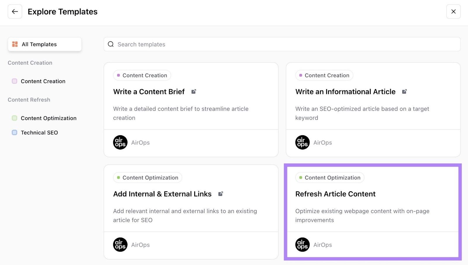 Templates on AirOps with "Refresh Article Content" clicked.