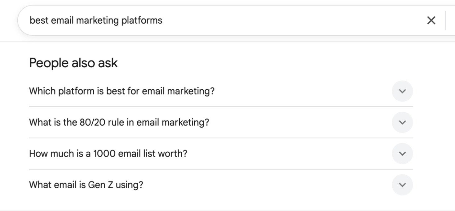 The "People also ask" section on Google SERP for the term "best email marketing platforms".