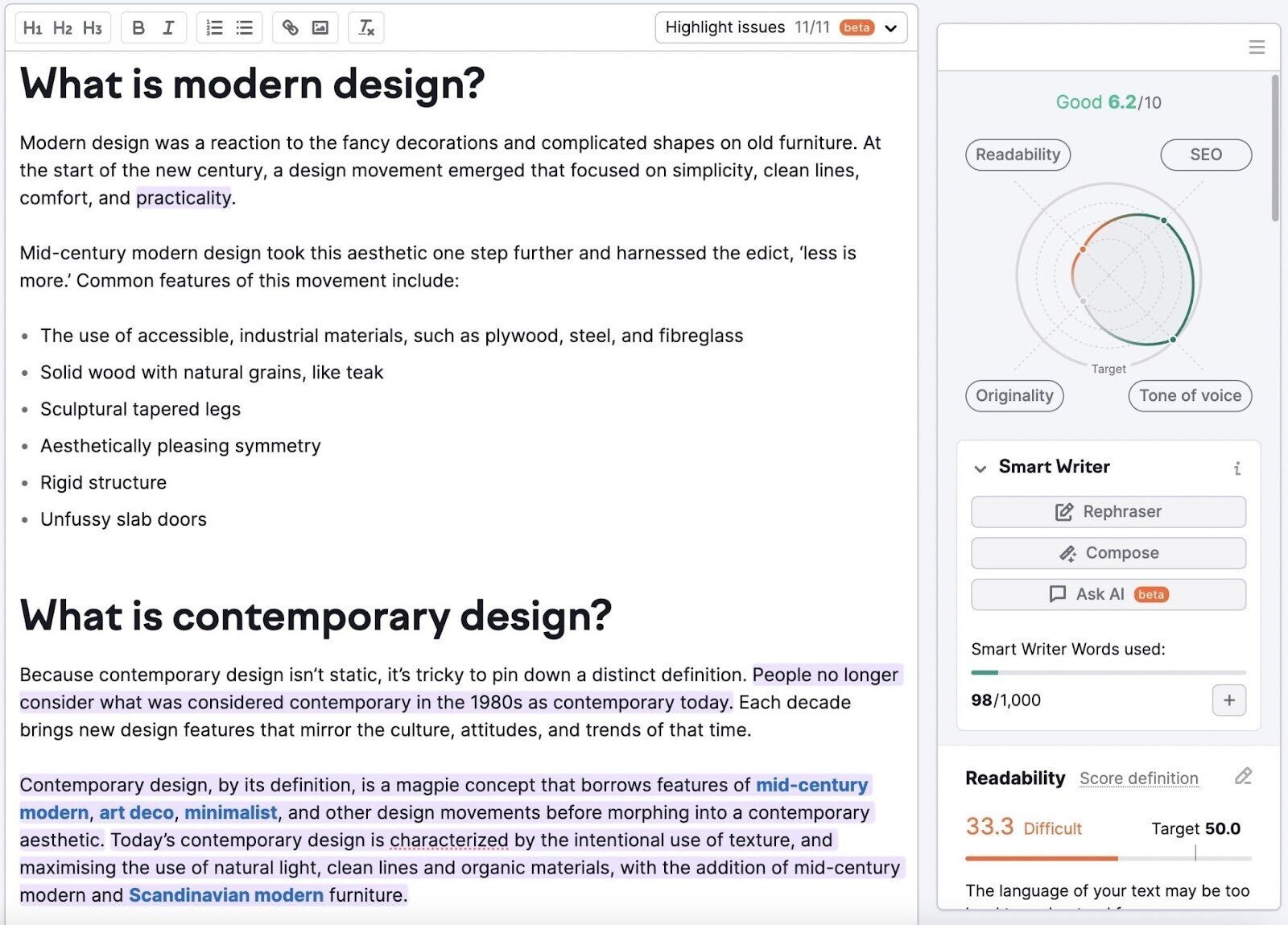 an example of article on "What is modern design" in Editor and its score chart in Semrush’s SEO Writing Assistant tool