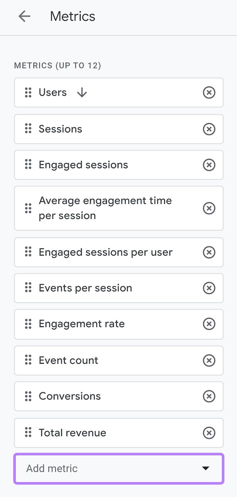 “Add metric” field highlighted at the bottom of metrics list